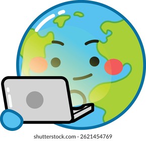 Remote Worker Earth Cartoon mit Laptop - Cute Planet Office Vector
