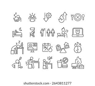 Remote Worker Fatigue Icon Set Featuring Burnout, Stress, Sleep Issues, Low Energy, Unhealthy Habits, and Mental Health Challenges in a Thin Line Style