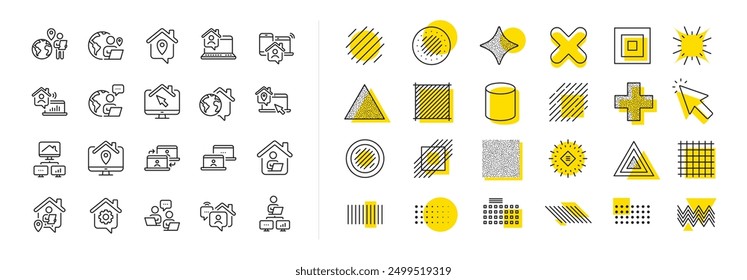 Remote worker, Freelance job, Office employee. Design shape elements. Work at home line icons. Stay at home, internet work, remote teamwork line icons. Vector