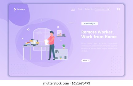 Remote worker as freelancer, Work from home concept on landing page template