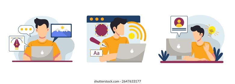 Remote worker, graphic designer, type designer, Freelancer, and content creator flat vector illustration