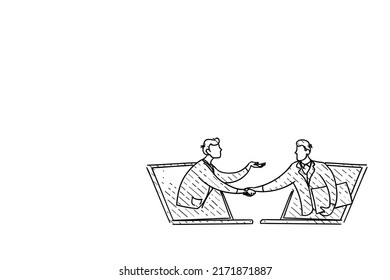 Saludo remoto de los trabajadores antes de la reunión de negocios. Concepto de apretón de manos. Diseño de ilustración de vector dibujado a mano