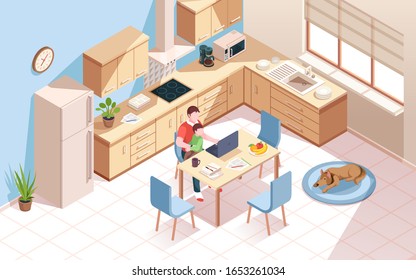 Remote worker at kitchen doing work and using notebook. Man a cup of coffee and child at room with dog. Freelancer employee at home work with kid. Isometric vector interior. Freelance, remote work