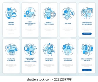 Remote worker mental health blue onboarding mobile app screen set. Walkthrough 5 steps editable graphic instructions with linear concepts. UI, UX, GUI template. Myriad Pro-Bold, Regular fonts used