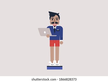 A remote worker nutcracker, a half dressed character holding a laptop, video calls and pandemic, corona virus lockdown