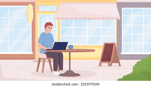 Remote worker on coffee shop terrace flat color vector illustration. Man with laptop. Male freelancer outside cafe. Fully editable 2D simple cartoon characters with cafe exterior on background