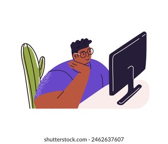 Remote worker sits behind computer in home office. Young man works on pc at the desk. Student watching on screen on table, studies online. Flat isolated vector illustration on white background