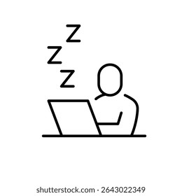 Remote worker sleep icon. Outline style thin line symbol of tired person sleeping at laptop desk during work from home fatigue