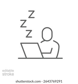 Remote worker sleep icon. Outline style thin line editable stroke symbol of tired person sleeping at laptop desk during work from home fatigue