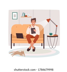Remote worker at sofa with tablet and notebook. Man doing remote job near lamp and cat. Male remotely working in the evening. Freelance vector illustration design. Cartoon freelancer, designer, editor
