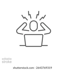 Remote worker stress icon. Outline style thin line editable stroke symbol of overwhelmed person holding head in frustration at computer desk