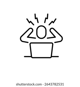 Remote worker stress icon. Outline style thin line symbol of overwhelmed person holding head in frustration at computer desk