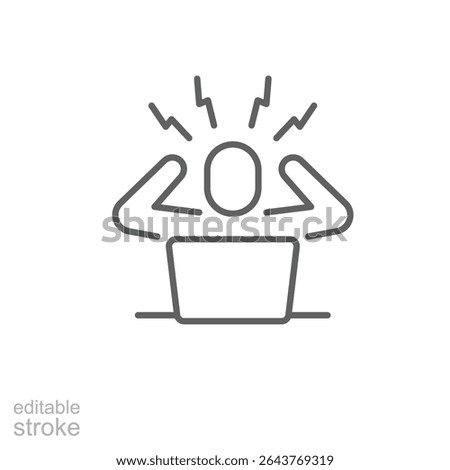 Remote worker stress icon. Outline style thin line editable stroke symbol of overwhelmed person holding head in frustration at computer desk