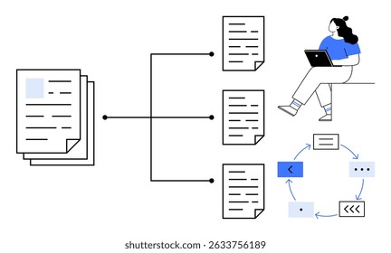 Remote worker using a laptop, connected documents, cyclic process diagram. Ideal for project management, digital documentation, remote work, process optimization, workflow automation, team