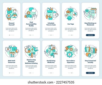 Remote worker wellbeing onboarding mobile app screen set. Walkthrough 5 steps editable graphic instructions with linear concepts. UI, UX, GUI template. Myriad Pro-Bold, Regular fonts used