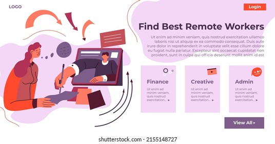 Remote workers and best specialist working in distance, freelancers helping with project completion. Finance and creative admin. Website landing page template, online internet site. Vector in flat 