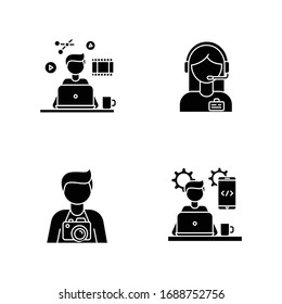 Remote workers black glyph icons set on white space. Video editor and photographer, mobile app developer. Administrator support and programming. Silhouette symbols. Vector isolated illustration