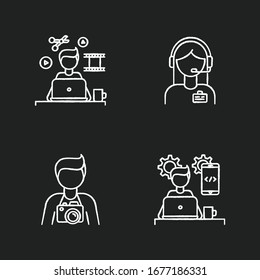 Remote workers chalk white icons set on black background. Video editor, photographer, app developer. Administrator support and programming, media producing. Isolated vector chalkboard illustrations