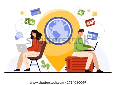 Remote workers connecting laptops to wireless internet hotspot with global location pin, digital data icons, and technology elements on isolated white background vector illustration