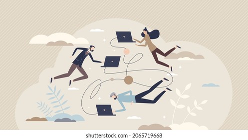 Remote workers and distant connection for employees tiny person concept. Virtual contacts and flexible workplace for businessman vector illustration. Freelance freedom with worldwide access to job.