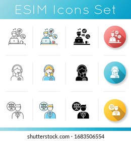 Remote Workers Icons Set. Legal Services And Freelance Designing. Administrator Support And Juridical Consultations. Linear, Black And RGB Color Styles. Isolated Vector Illustrations