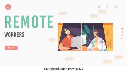 Remote Workers Landing Page Template. Freelance Occupation, Relaxed Man and Woman Freelancers Characters Sitting at Window Working Distant on Computer from Home. Cartoon People Vector Illustration