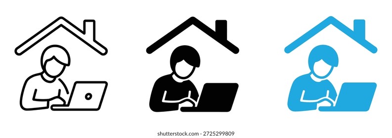 Trabajadores remotos con computadoras portátiles bajo los techos de la casa. Icono de trabajo desde casa. Plantilla de diseño de iconos de Vector de trabajo remoto.