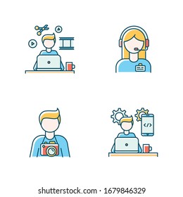 Remote workers RGB color icons set. Video editor and photographer, mobile application developer. Administrator support and programming, media producing. Isolated vector illustrations