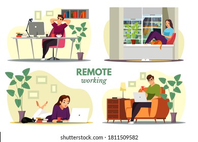 Remote workers working at home office scenes set. Man works at computer in workplace or in armchair. Woman with laptop sits on windowsill of window, lies on floor. Vector character illustration