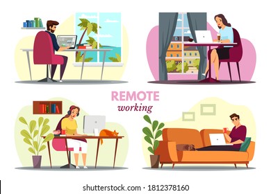 Remote workers working at home office scenes set. Man works at computer in workplace at sea resort. Woman with laptop sits on desk. Guy with laptop lying on sofa. Vector character illustration