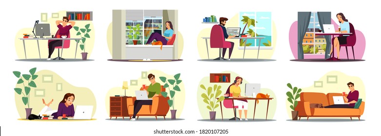 Remote workers working at home office scenes set. Office workers sit at desk with computer in workplace. Freelancers with laptop sitting in comfortable environment. Vector character illustration