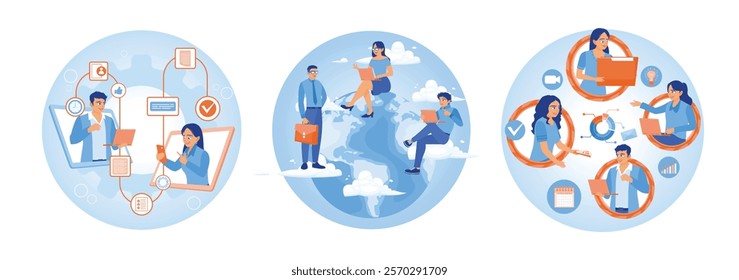 Remote workflow. Work from anywhere in the world.Business communication via the Internet. Remote Work Online concept. Set flat vector illustration.