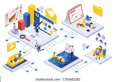 Remote workforce management concept isometric flowchart with online teleconference task planning working from home employees vector illustration 