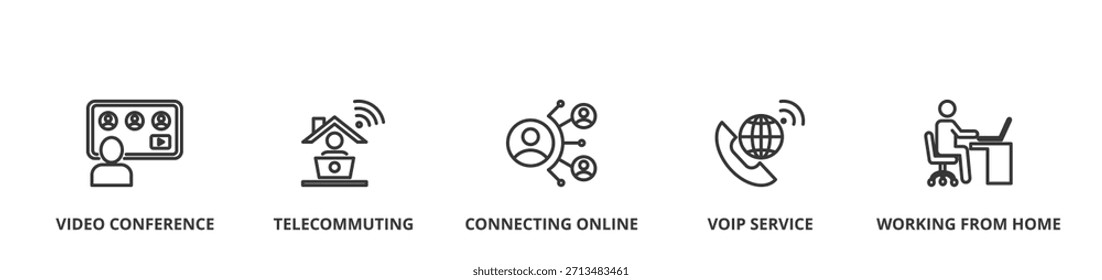 Concepto de Ilustración vectorial Video de Anuncio de trabajo remoto con icono de conferencia, teletrabajo, conexión en línea, VOIP y trabajo desde casa