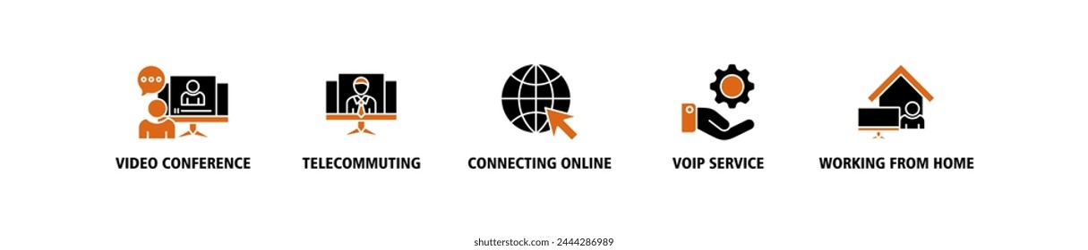 Remote working banner web icon vector illustration concept for working at home with icon of video conference, telecommuting, connecting online, voip, and working from home