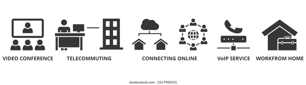 Remote working banner web icon vector illustration concept for working at home with icon of video conference, telecommuting, connecting online, voip, and working from home