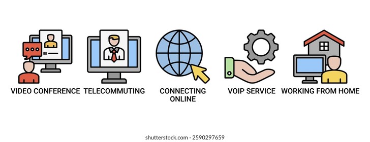 Remote Working banner web icon set vector illustration for business with icon of video conference, telecommuting, connecting online, voip service, work from home icons outline color symbol background