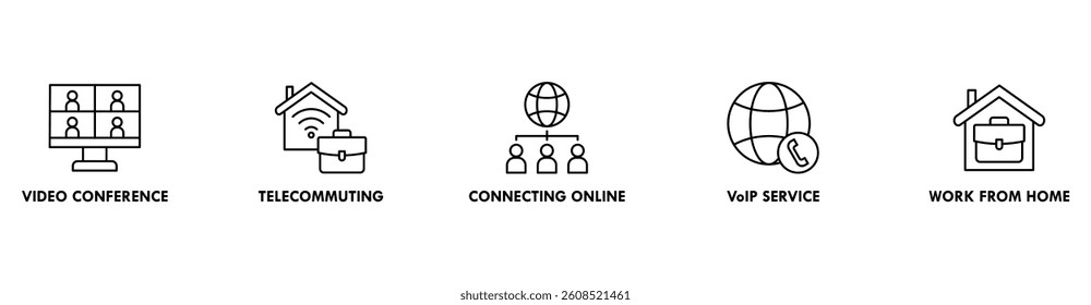 Remote working banner web icon vector illustration concept for working at home with icon of video conference, telecommuting, connecting online, VoIP, and working from home