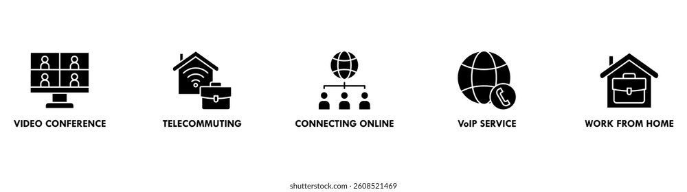Remote working banner web icon vector illustration concept for working at home with icon of video conference, telecommuting, connecting online, VoIP, and working from home