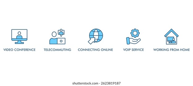 Remote working banner web icon vector illustration concept for working at home with icon of video conference, telecommuting, connecting online, voip, and working from home