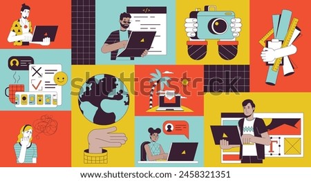 Remote working bento grid illustration set. Nomad laptop, notebook typing teleworkers 2D vector image collage design graphics collection. Multicultural freelancers flat characters moodboard layout