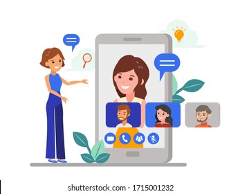 Remote working with a business team meeting held via a video conference call. Flat design style online meeting concept illustration. Online webinar, Work form home.