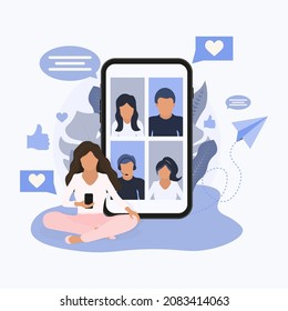 Remote working with a business team meeting held via a video conference call. Work or study from home. Flat design style online meeting concept illustration.