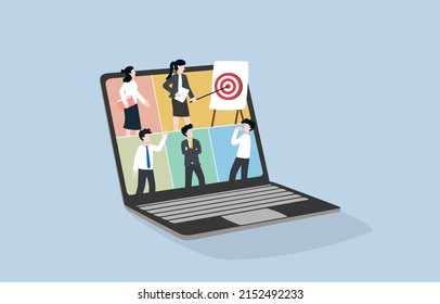 Remote working, business team online meeting for planning to achieve target, group discussion through video conferencing program concept. Boss and staffs appearing on laptop screen for work meeting.