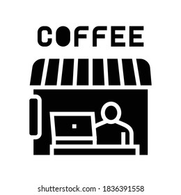 remote working in cafeteria glyph icon vector. remote working in cafeteria sign. isolated contour symbol black illustration