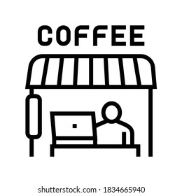 Remote Working In Cafeteria Line Icon Vector. Remote Working In Cafeteria Sign. Isolated Contour Symbol Black Illustration