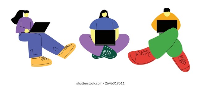 Trabajo remoto y uso casual del ordenador portátil - Conjunto de ilustración de caracteres planos