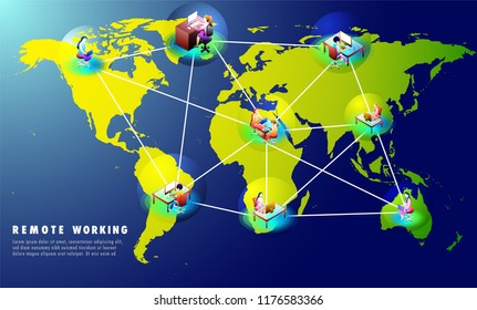 Remote Working concept based website template design with multiple business people at distant places connected each other through internet on world map background.