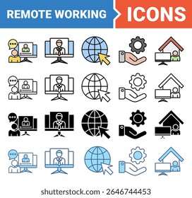 Remote working concept for working at home icon set with multiple style collection.