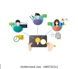 Remote working concept illustration. Manager at remote work, Searching for new ideas solutions, Working together. Freelancer at work flexible remote